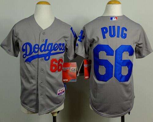 Dodgers #66 Yasiel Puig Grey Cool Base Stitched Youth MLB Jersey - Click Image to Close